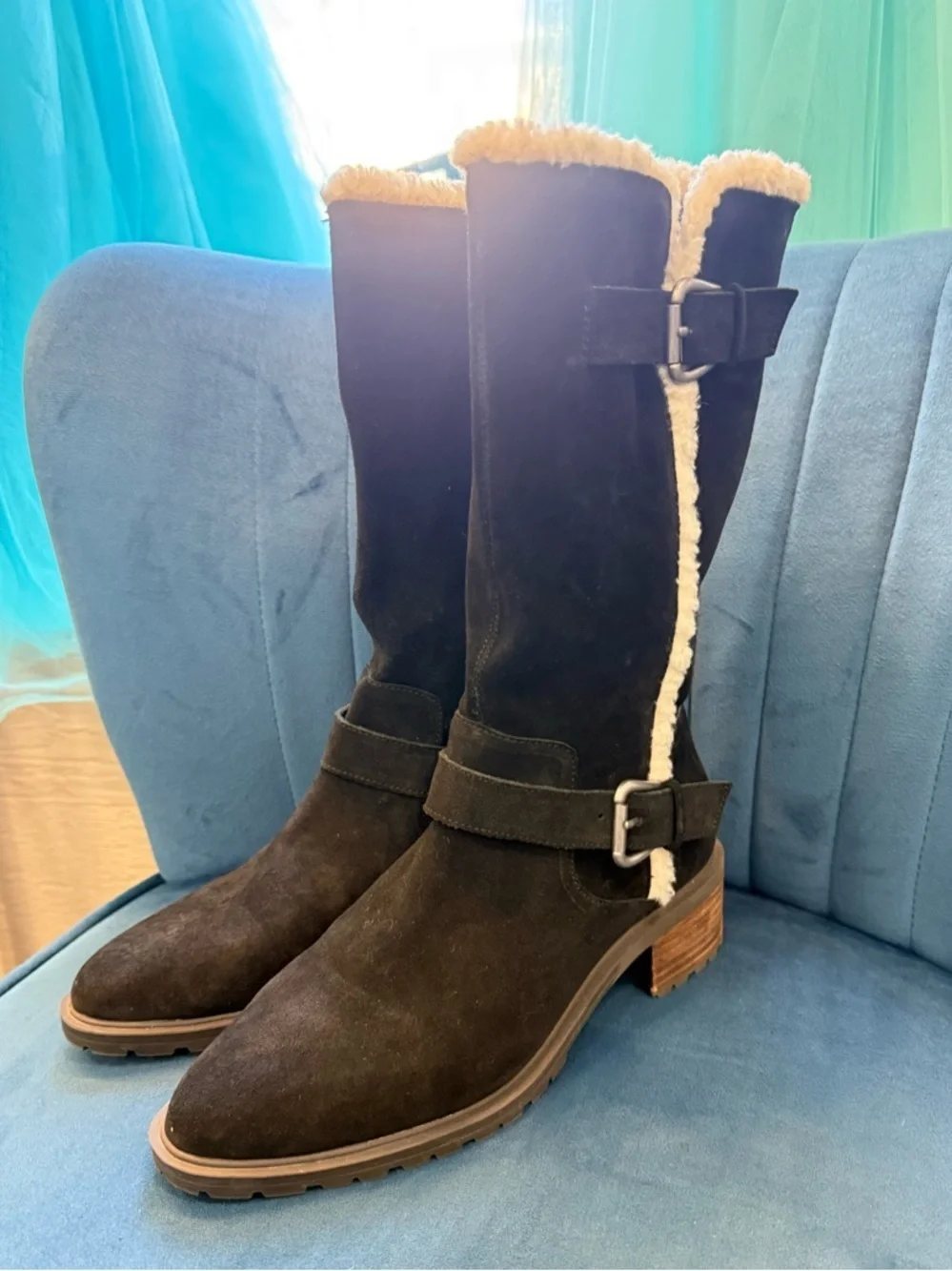 Lucky Brand Jacoba Black Suede Sherpa Lined Engineer Boots Buckle Zip Size 8
